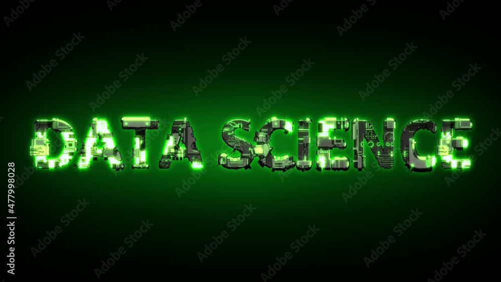Poster data science shining dark green cyber text on black, isolated - loop video