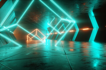 Futuristic interior, green yellow neon abstract background, ultraviolet light, Sci fi scenery, tunnel or corridor in a nightclub. 3D rendering, 3D illustration.