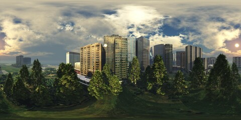 Fototapeta na wymiar Park in the city, city park,, HDRI, environment map , Round panorama, spherical panorama, equidistant projection, panorama 360