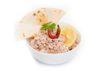 Mas huni, traditional Maldivian breakfast on a white background