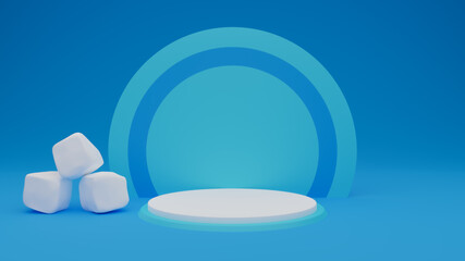 Blue background with ice cubes and product podium