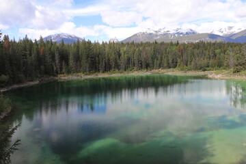 Fototapeta premium Beautiful blue lakes in Jasper national park. Wonderful road trip through Banff and Jasper national park in British Columbia, Canada. An amazing day in Vancouver. What a beautiful nature in Canada.