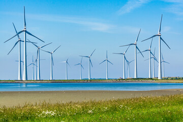 Windmills energy park in Zeeland, Netherlands, industrial landscape
