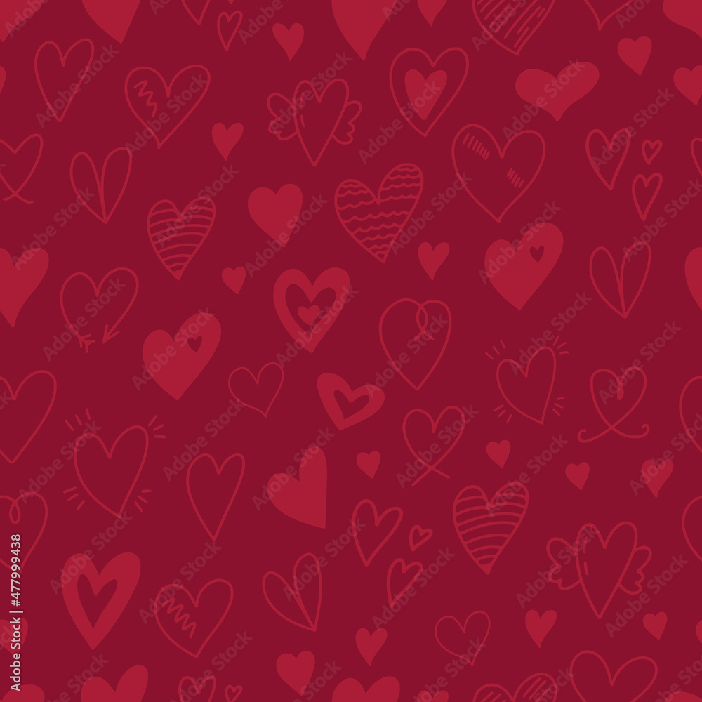 Wall mural valentines day seamless pattern background with hand drawn doodle hearts sketch. various different h
