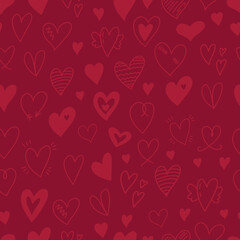 Fototapeta na wymiar Valentines Day seamless pattern background with hand drawn doodle hearts sketch. Various different heart icon on crimson backdrop. Cute simple romantic holiday, wedding texture design