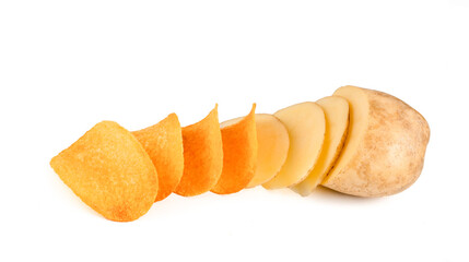 Potatoes and chips on a white background