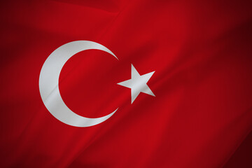 Turkish flag on waving silk background. Fabric texture. National icon of Turkey.