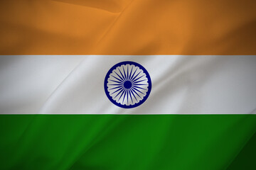 India national flag on waving silk background. Fabric texture.