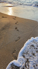 Footprints on tropical beach and beautiful wave