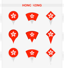Hong Kong flag, set of location pin icons of Hong Kong flag.