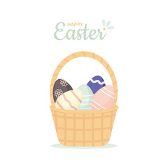 Fototapeta na wymiar Wicker basket with colorful Easter eggs and lettering Happy Easter. Cute illustration for greeting cards, textiles, printing. Pastel colors. Copy space. Vector, cartoon style on white background