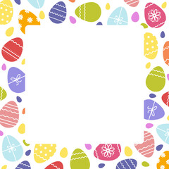 Decorative Square Frame of Easter multicolored eggs. Border for Easter greeting card. Copy space. Vector illustration