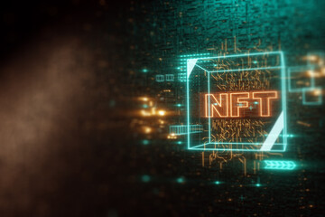 NFT digital art, Non-Fungible Token, blockchain technology. Cryptographic data block, collecting, unique pieces. Non-fungible cryptographic token. 3D render, 3D illustration. Copy space.