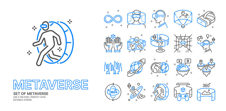 Metaverse line icon set with VR, Virtual reality, Game, Futuristic Cyber and metaverse concept more, 256x256 pixel perfect icon vector, editable stroke.	
