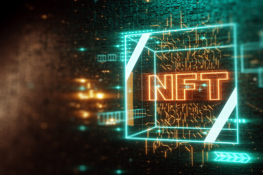 NFT digital art, Non-Fungible Token, blockchain technology. Cryptographic data block, collecting, unique pieces. Non-fungible cryptographic token. 3D render, 3D illustration. Copy space.