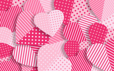 Postcard with hearts scattered all over the background. Heart shaped love symbols for happy women. Valentine's Day greeting poster design. Paper cut effect.