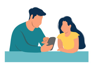 Father and daughter are looking at a smartphone. Dad holds a smartphone, shows the child a new application game, calls. Having fun at home, modern technology concept. Flat vector illustration.