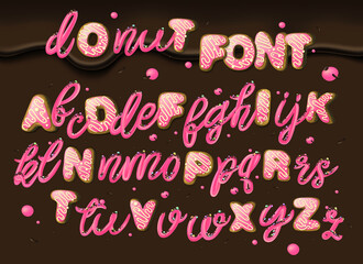 Donut font. Sweet cream alphabet. 3d creative decorative typography. Pink letters on chocolate background. Vector. 