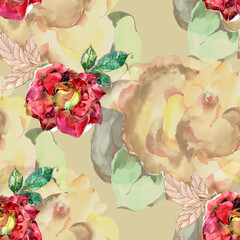 Seamless pattern watercolor big flowers rose with small flowers rose.