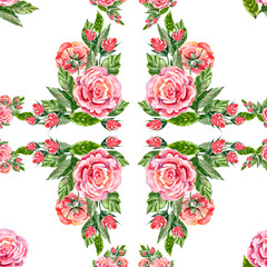 Seamless pattern with bouquet watercolor roses.  Composition from corner.