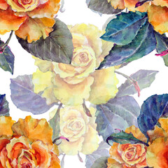 Fototapeta na wymiar Seamless pattern with yellow watercolor roses.