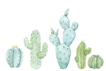Beautiful set with hand drawn watercolor cactus. Stock illustration.