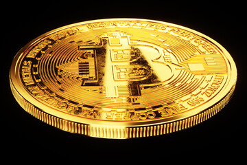 Fototapeta na wymiar Gold bitcoin coins isolated on black background, isolate. Blockchain technology, Block of cryptographic data, money of the future. 3D render, 3D illustration. Copy space.