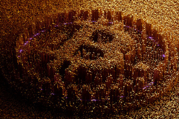 Creative bitcoin element, modern background. Blockchain technology, cryptocurrency, block of cryptographic data, electronic money, money of the future. 3D render, 3D illustration. Copy space.