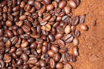 Coffee closeup, roasted beans and powder, close-up