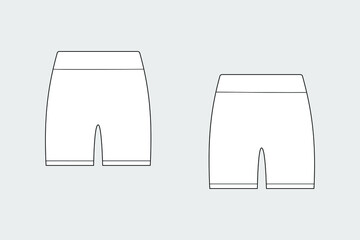 Shorts vector template isolated on a grey background. Female model. Front and back view. Outline fashion technical sketch of clothes model