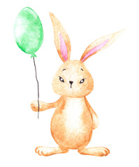 Watercolor hand drawn illustration of cute fluffy bunny rabbit holding green balloon. Hand painted aquarelle design decoration element