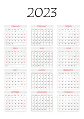 2023 calendar planner. Corporate week. Template layout, 12 months yearly, white background. Simple design for business brochure, flyer, print media, advertisement. Week starts from Monday