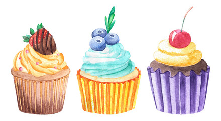 Three muffins with creams and strawberry, cherry and blueberry on tops of it. Set of different colorful cupcakes as design element