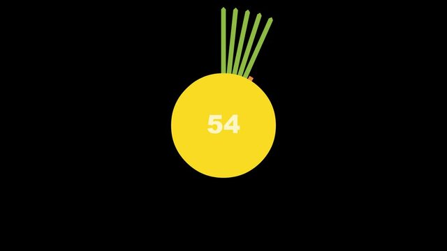 Countdown one minute animation from 60 to 0 seconds. Transparent background with alpha channel. Appearance of second arrow. Concept of timer in form of sun.