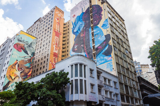 Buildings with graffiti on the facades in Belo Horizonte downtown