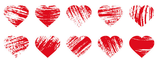 Red heart shape grunge, symbol of Valentines's day. Set of design elements.Vector illustration