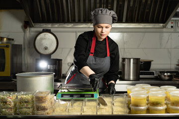 Food delivery in the restaurant. female chef in uniform prepares food in a restaurant and prepares it in disposable dishes. Places portions of rice in a disposable dish on a scale.