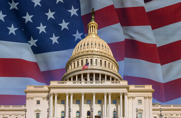 Washington DC Capitol US congress with waving american flag