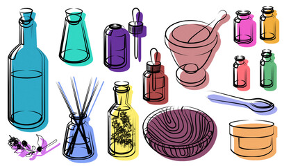 Still life of objects for oromotherapy and relaxation: herbs, oils, bottles, infusions, salt, flowers. Drawn with a line on spots color