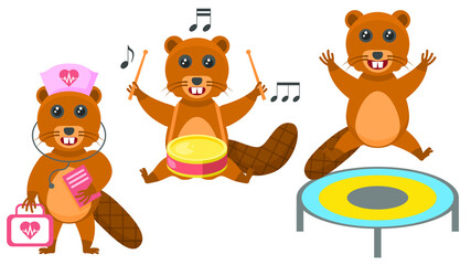 Set Abstract Collection Flat Cartoon Different Animal Beavers Jumping On A Trampoline, Plays The Drum, Doctor With First Aid Kit Vector Design Style Elements Fauna Wildlife 