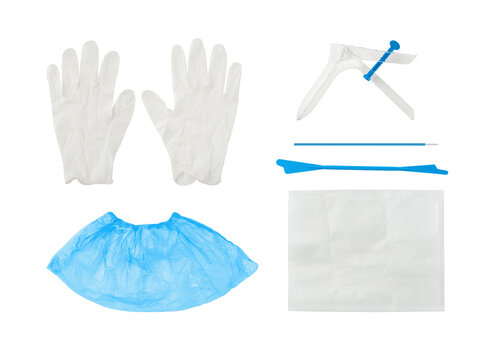 Flatlay of gynecology set with vaginal speculum, spatula, cytobrush and other instruments for medical screening