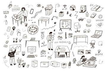 Office people and objects equipment vector illustrations set