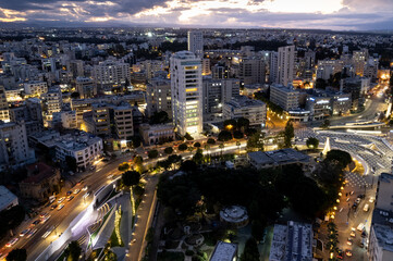 Drone aerial view Nicosia city skyline at sunset Cyprus island - obrazy, fototapety, plakaty
