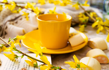 Beautiful background, tea, coffee, flowers, sweets. Delicious and beautiful.