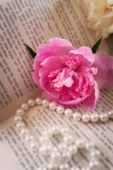 Naklejka premium Spring. Spring flowers peonies with pearls. Beautiful bright background.