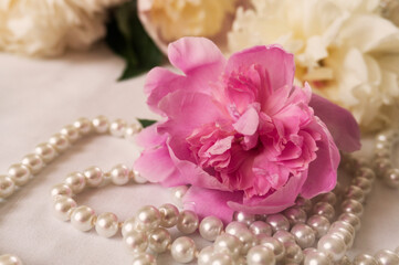 Spring. Spring flowers peonies with pearls. Beautiful bright background.