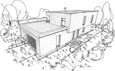hand drawn architectural sketches of modern one story detached house with flat roof and garden with trees