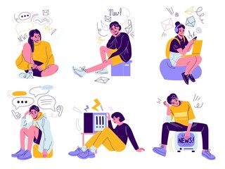Information stress people. Endless data flow, tired characters with spam icons around, bad news traffic, depressed men and women. Social media web messager pressure, vector isolated set
