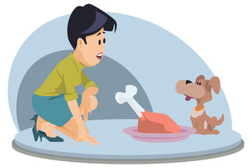 Fototapeta na wymiar Girl feeds dog. People and animals. Illustration for internet and mobile website.