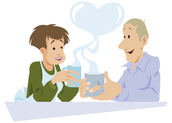 Loving couple is drinking hot tea. Illustration for internet and mobile website.